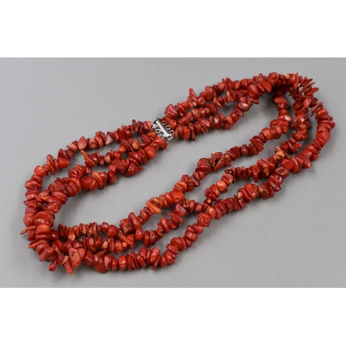 22 - Sterling Silver 3 String Red Coral Necklace With Tag In Presentation Box