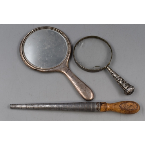 24 - Hallmarked Silver Hand Mirror, Magnifying Glass and Vintage Ring Sizer