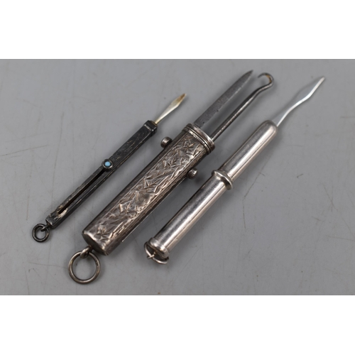 27 - Sterling Silver Button Hook Knife Set and two Silver 925 Toothpicks