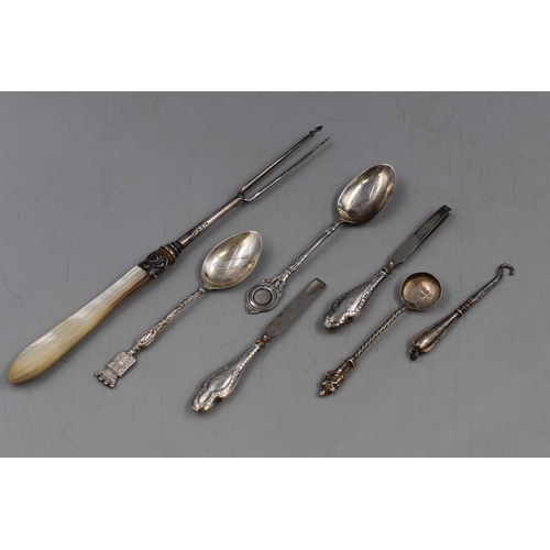 28 - Selection of Silver including Button Hook, Tea Spoons, Pickle Fork and More