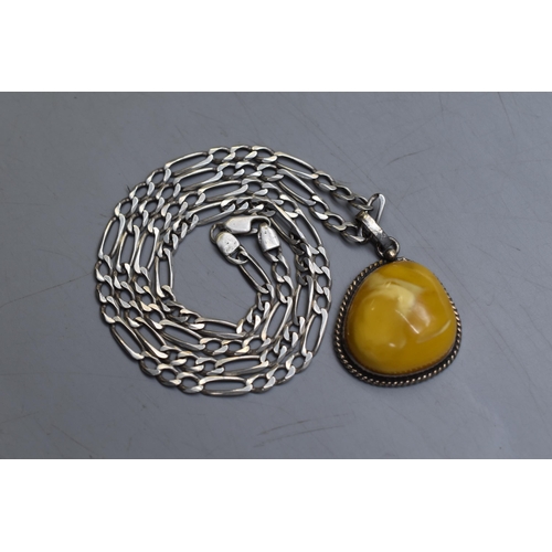 37 - Heavy Sterling Silver Chain With Yellow Stone Pendant