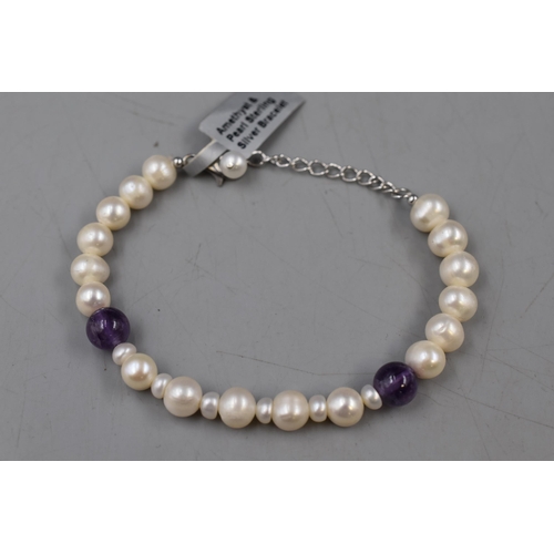 41 - Sterling Silver Pearl and Amethyst Bracelet New With Tag in Box