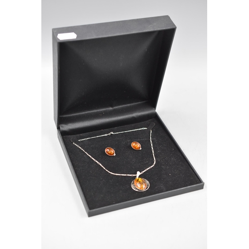 62 - Silver 925 Amber Stoned Necklace and Earring Set complete with Presentation Box