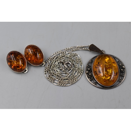 62 - Silver 925 Amber Stoned Necklace and Earring Set complete with Presentation Box