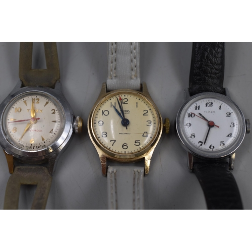 75 - Three Vintage Women's Watches. Includes Timex and Smiths 5 Jewels. All Working.