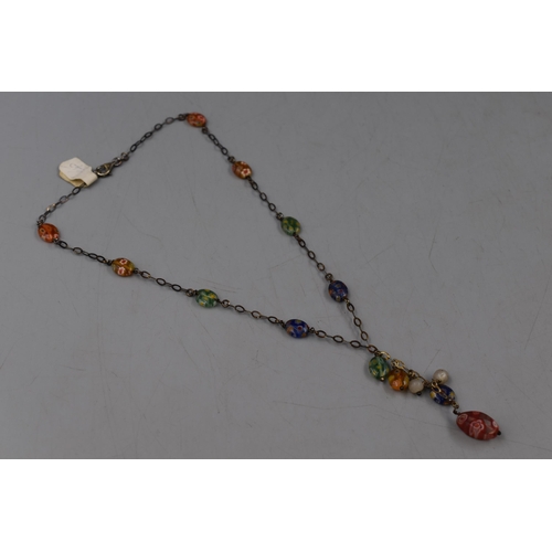 80 - Sterling Silver Necklace With Coloured Decorated Beads