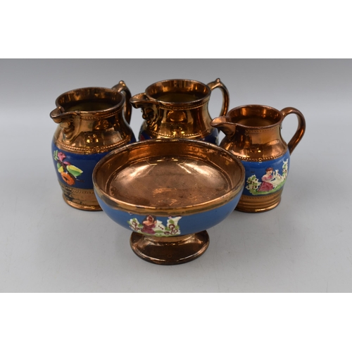 344 - Four Pieces of Late 19th Century Copper Lustre Ware with Figural Relief (Unmarked)