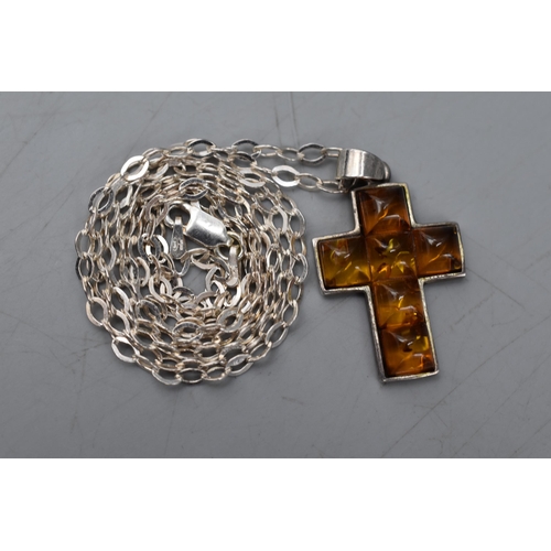 107 - Silver 925 Amber Cross Pendant Necklace