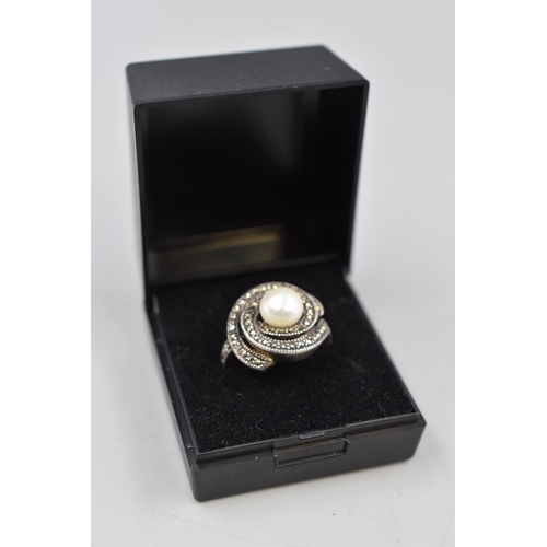 116 - Hallmarked Silver Marcasite and Pearl Ring (Size N) Complete with Presentation Box