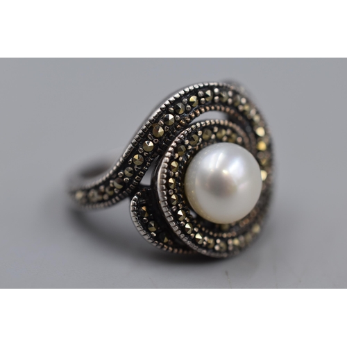 116 - Hallmarked Silver Marcasite and Pearl Ring (Size N) Complete with Presentation Box