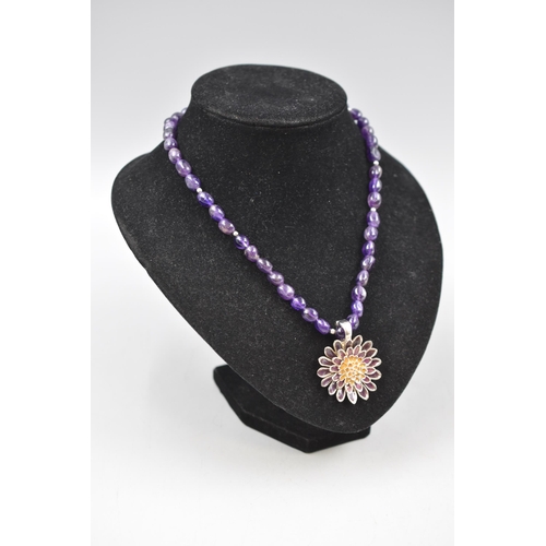 118 - Silver 925 Amethyst Stoned Floral Pendant Necklace