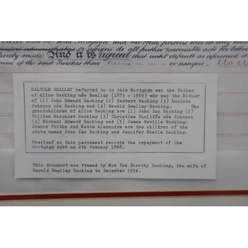 365 - Antique Framed and Glazed Indenture Dated 1865 Referring to a Mortgage to a Malcolm Smalley and his ... 