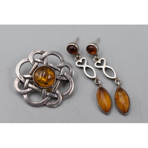 128 - Silver 925 Celtic Style Amber Brooch and Earring Set
