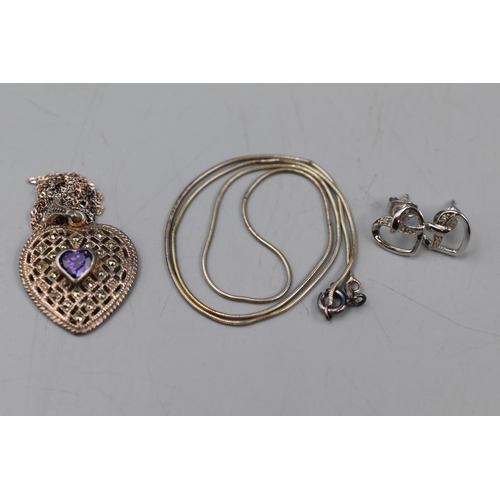 135 - Silver 925 Amethyst Stoned Heart Shaped Pendant Necklace and Pair of Heart Shaped Earrings