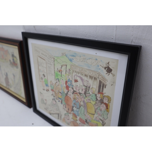 376 - Two Original C Slater Watercolour Cartoons in Framed and Glazed Mounts (largest 13