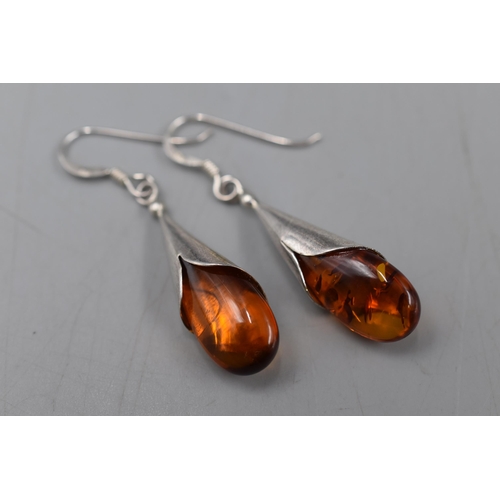 141 - Pair of Silver 925 Amber Stoned pendant Earrings Complete with Presentation Box
