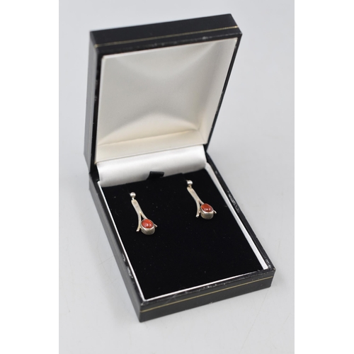 142 - Pair of Hallmarked Silver Carnelian Stoned Pendant Earrings Complete with Presentation Box