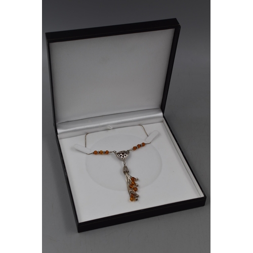 149 - Silver 925 Heart Pendant Necklace with Amber Beading Complete with Presentation Box