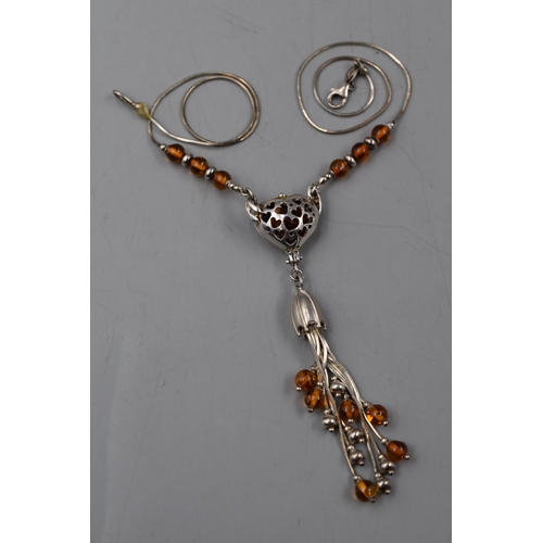 149 - Silver 925 Heart Pendant Necklace with Amber Beading Complete with Presentation Box