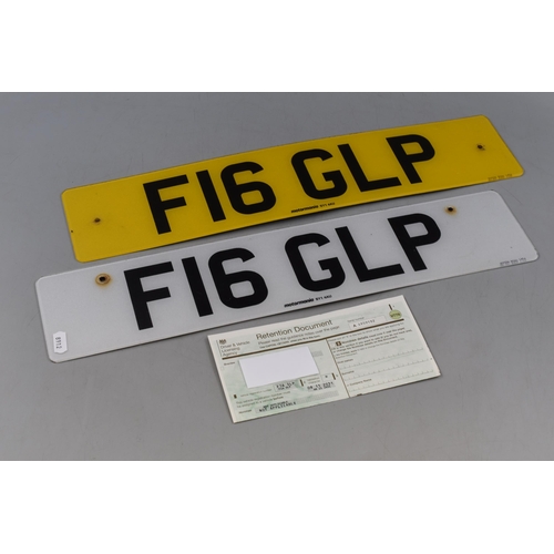 392 - Private Vehicle Number Plate F16GLP on Retention Certificate with all Transfer Fee's Paid online val... 