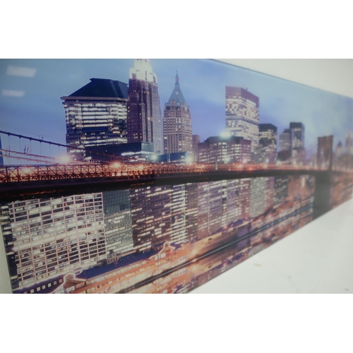 398 - Wall Mounted Glass Pictures Displaying Brooklyn Bridge and The New York Skyline (120cm x 40cm)