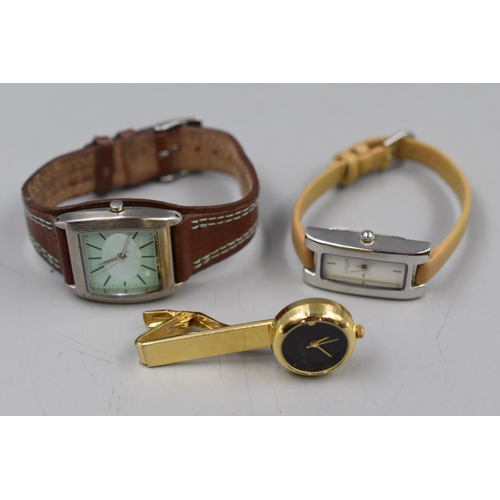 154 - Three Quartz Watches including Lancombe, Next and a Unusual Tie Clip Watch (All Working)
