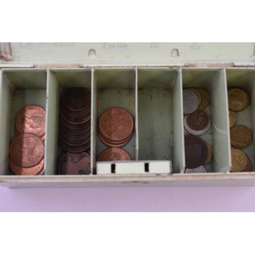 412 - Vintage Metal Savings Tin with a Selection of Coinage and Keys