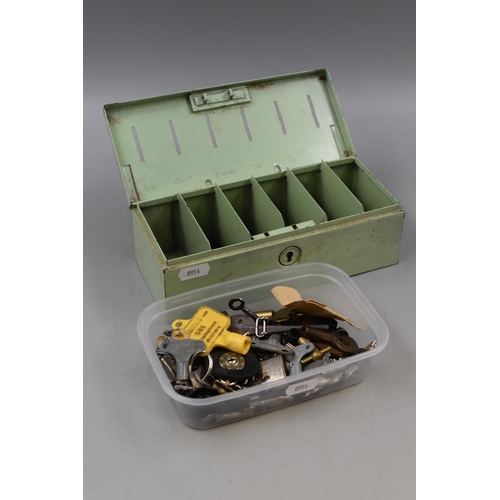 412 - Vintage Metal Savings Tin with a Selection of Coinage and Keys