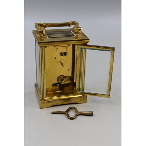 170 - Vintage Brass Mechanical Mantle clock with glass side, Back and top Panels complete with double ende... 