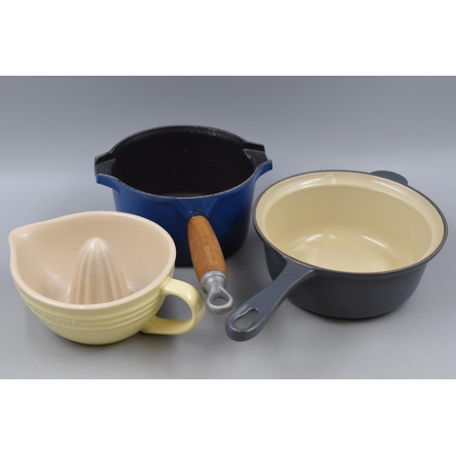 414 - Three Le Creuset Kitchen Items. Includes No 18 Saucepan, No 16 Saucepan With Spout, and Lemon Juicer... 