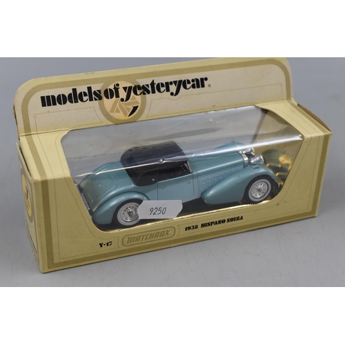 548 - A Selection of Seven Boxed Matchbox Models of Yesteryear Diecast Cars. Includes 1938 Hispano Suiza, ... 