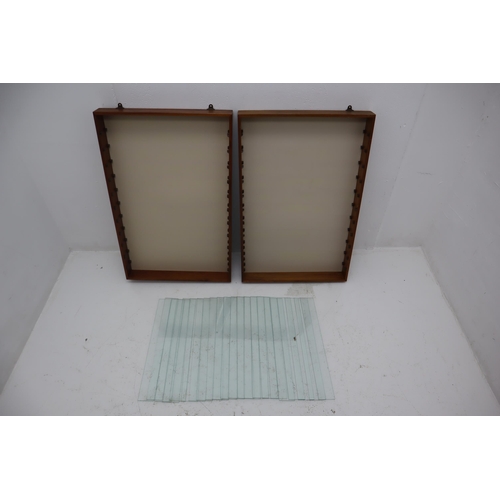 477 - A Pair of Wooden Wall Hanging Display Units, With Glass Shelves. Approx 32