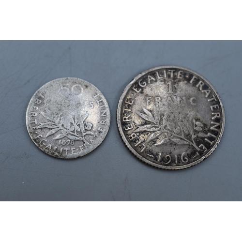 239 - Two Silver French Coins, 1916 One Franc Coin and 1898 50 Centimes Coin