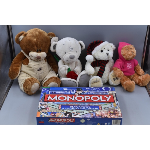 489 - Vintage Travel Bag To Include Blackpool & Fylde Monopoly Game and Four Soft Toys A/F