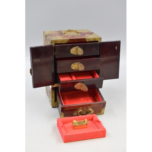 255 - Oriental Jewellery Box with Inlaid Jade and Brass Decoration (a/f) 22cm x 16cm x 12cm)