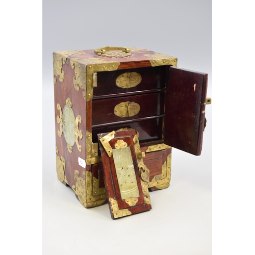 255 - Oriental Jewellery Box with Inlaid Jade and Brass Decoration (a/f) 22cm x 16cm x 12cm)