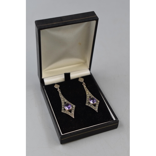 272 - Pair of Vintage Amethyst Stoned Marcasite Earrings Complete with Presentation Box