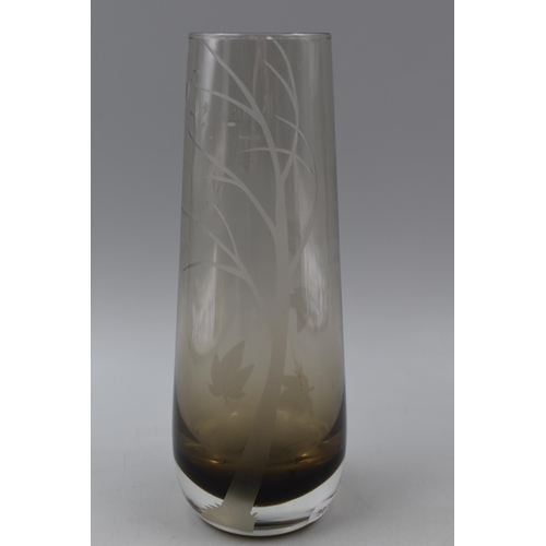 285 - Mid Century Caithness Smokey Glass Vase with Acid Etched Autumn Leaves Scene Etched on base 9