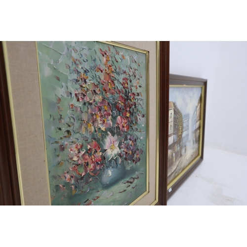 362 - Two Framed Oil on Canvas Paintings, one Depicting Parisian Scene and one Depicting Flowers in a Vase... 