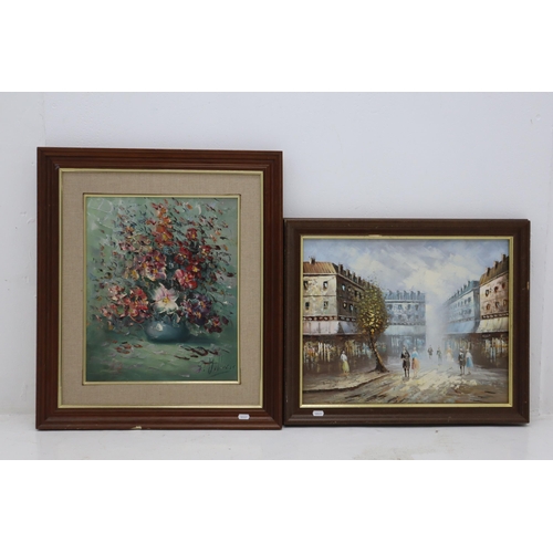 362 - Two Framed Oil on Canvas Paintings, one Depicting Parisian Scene and one Depicting Flowers in a Vase... 