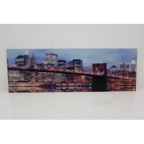 398 - Wall Mounted Glass Pictures Displaying Brooklyn Bridge and The New York Skyline (120cm x 40cm)