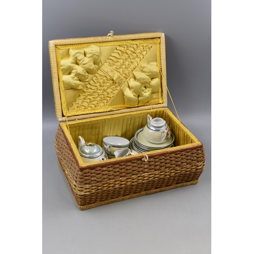 417 - A Twenty Piece Oriental Ceramic Tea Set, In Wicker Sewing Box.