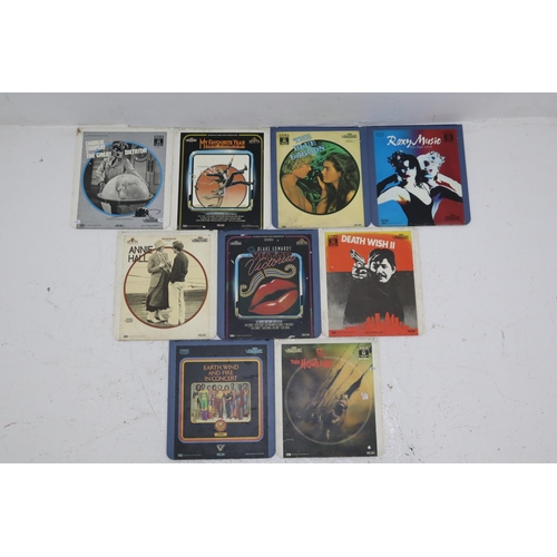 458 - Selection of 9 CED Videodiscs including Charlie Chaplin The Great Dictator Earth Wind and Fire, The ... 