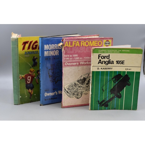 682 - A Selection of Three Vintage Car Manuals and A Tiger Annual 1957.