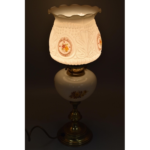 246 - An Antique Brass and Opaque Glass Oil Lamp, Converted into Table Lamp. Powers on When Tested.