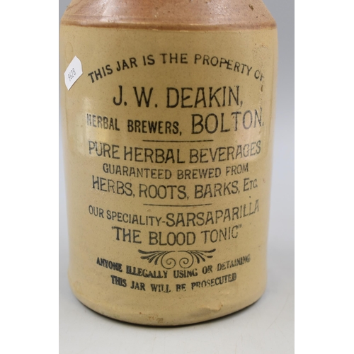 248 - Vintage J W Deakin Herbal Brewers Bolton Sarsaparilla THE BLOOD TONIC Stoneware Bottle