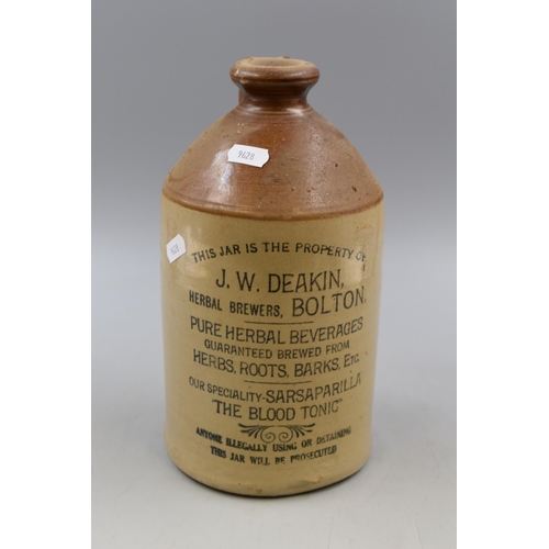 248 - Vintage J W Deakin Herbal Brewers Bolton Sarsaparilla THE BLOOD TONIC Stoneware Bottle