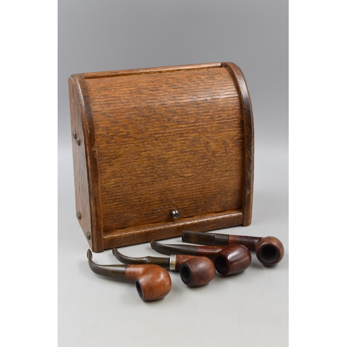 252 - Vintage Hand made Oak Rolltop Pipe Storage Cabinet complete with Four pipes approx 9