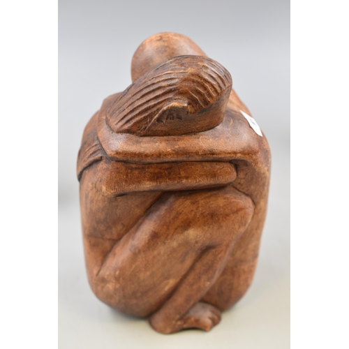 273 - Three Hand Carved Wooden Sculptures, Includes Dolphin, Ethnic Female Figure, And Embracing.