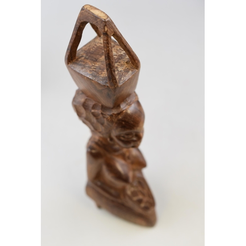 273 - Three Hand Carved Wooden Sculptures, Includes Dolphin, Ethnic Female Figure, And Embracing.